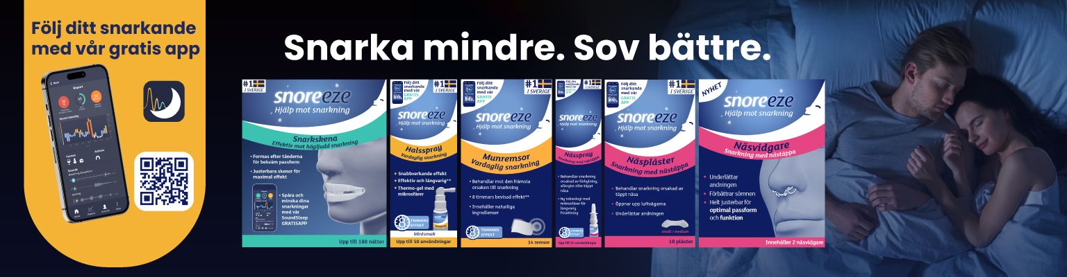 Sex olika produkter fr&aring;n Snoreeze och QR-kod till deras gratis app