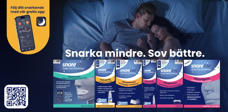 Sex olika produkter fr&aring;n Snoreeze och QR-kod till deras gratis app