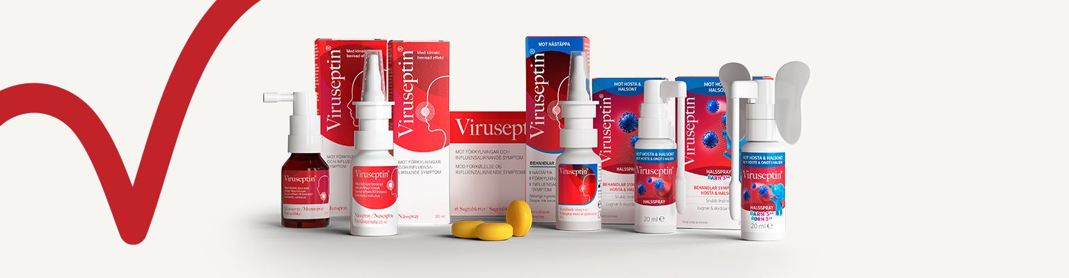 Sex stycken produkter från Viruseptin som förebygger förkylning.