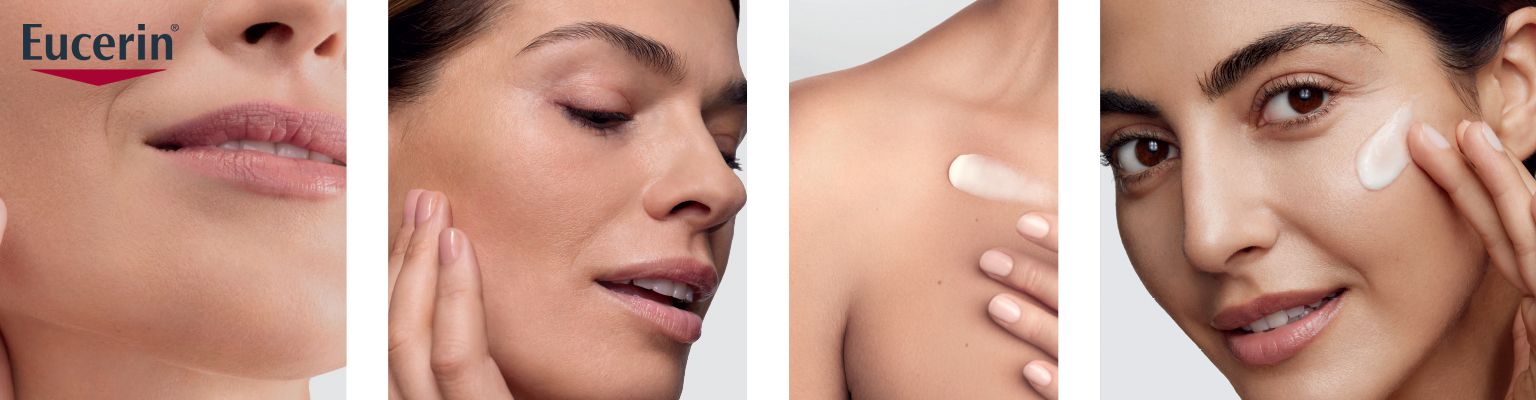 Mörkhårig kvinna smörjer in sitt ansikte med produkt från varumärket Eucerin.