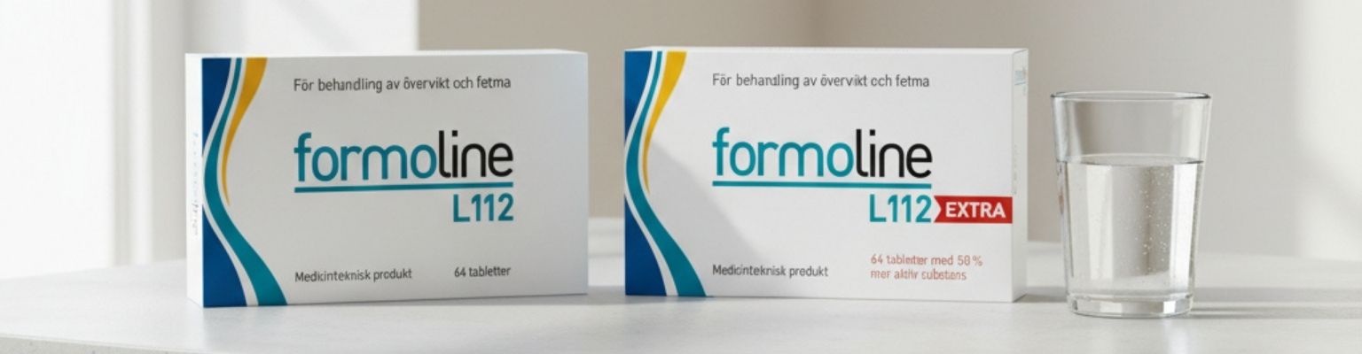 Två produktförpackningar av Formoline L112 plus ett glas vatten