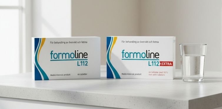 Två produktförpackningar av Formoline L112 plus ett glas vatten