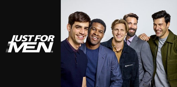 Fem män gör reklam för hår- och skäggfärgerna Just for men