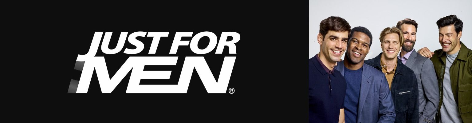Fem män gör reklam för hår- och skäggfärgerna Just for men